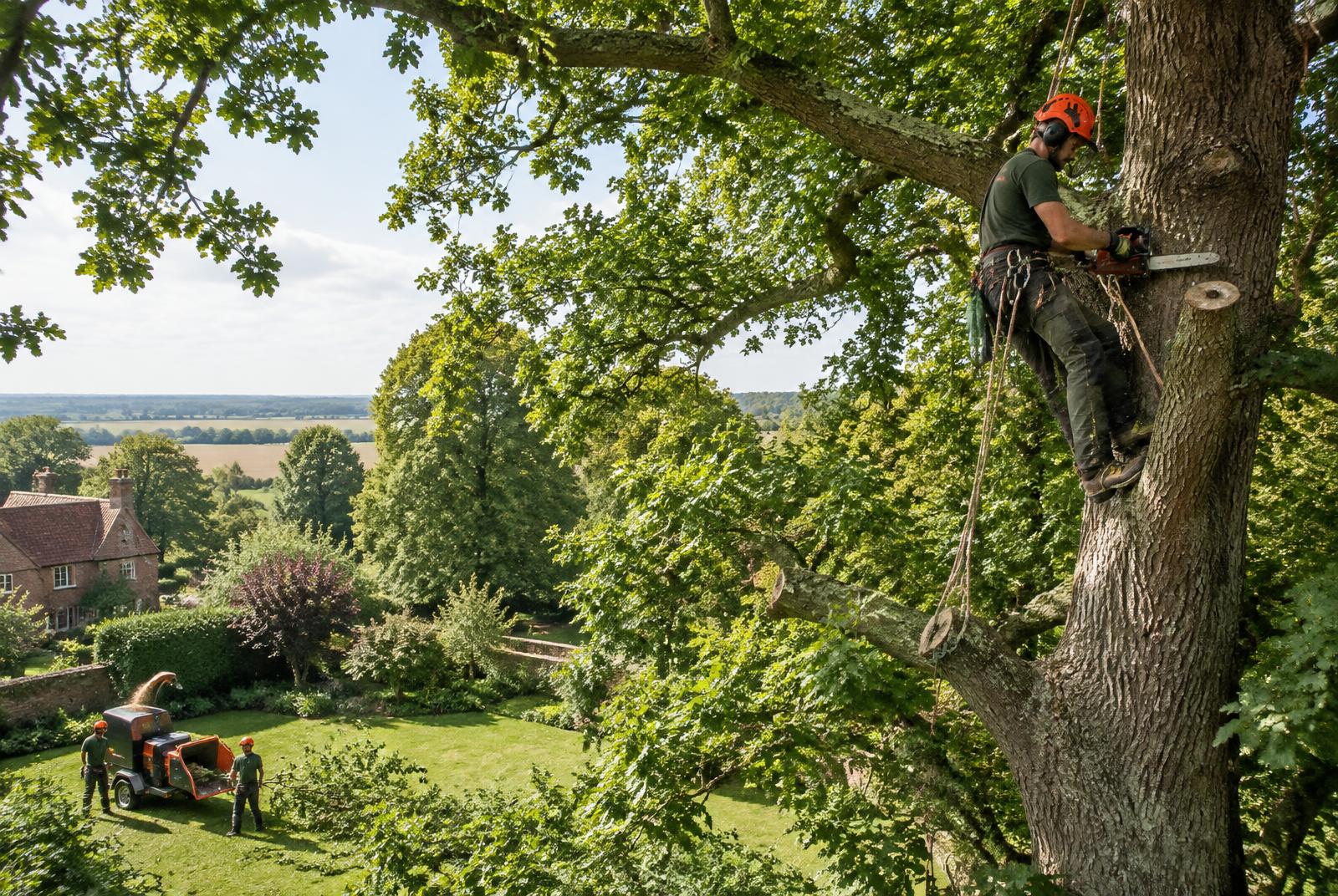 Arborist carrying out tree surgery in a mature tree