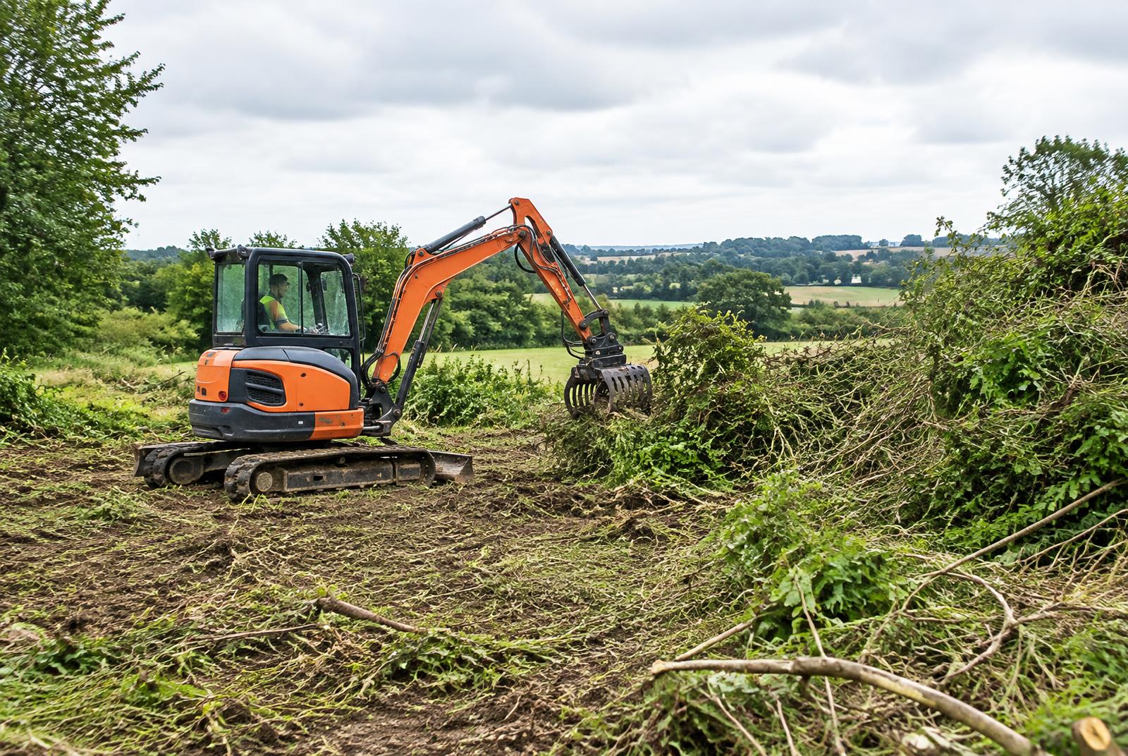 Tracked digger clearing an overgrown rural site